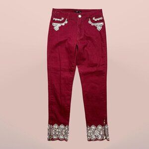 Tesoro Moda Burgundy Embellished Sequin Beaded Red Denim Jean Pants Size 2